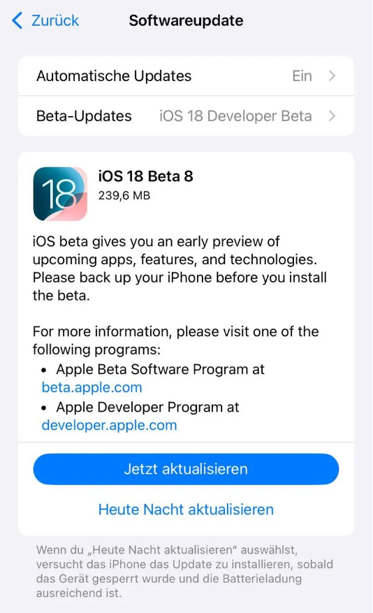 定西苹果手机维修分享苹果 iOS / iPadOS 18 开发者预览版 Beta 8 发布 